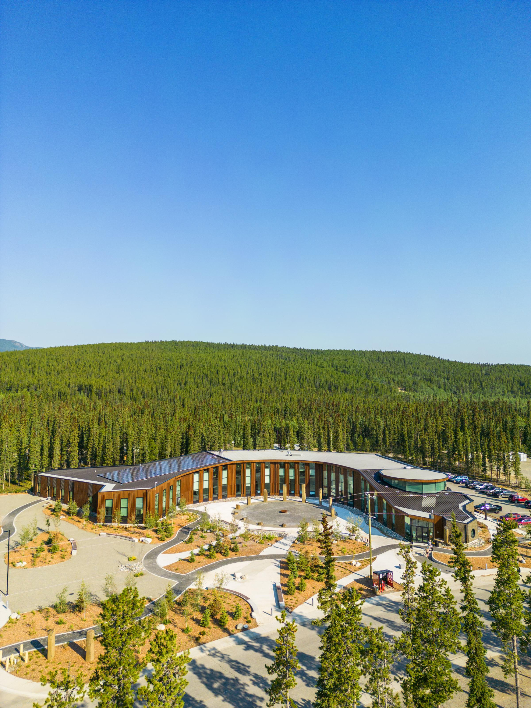 Aerial view of the Kashgêk’ Building for Kwanlin Dün First Nation, Whitehorse, Yukon