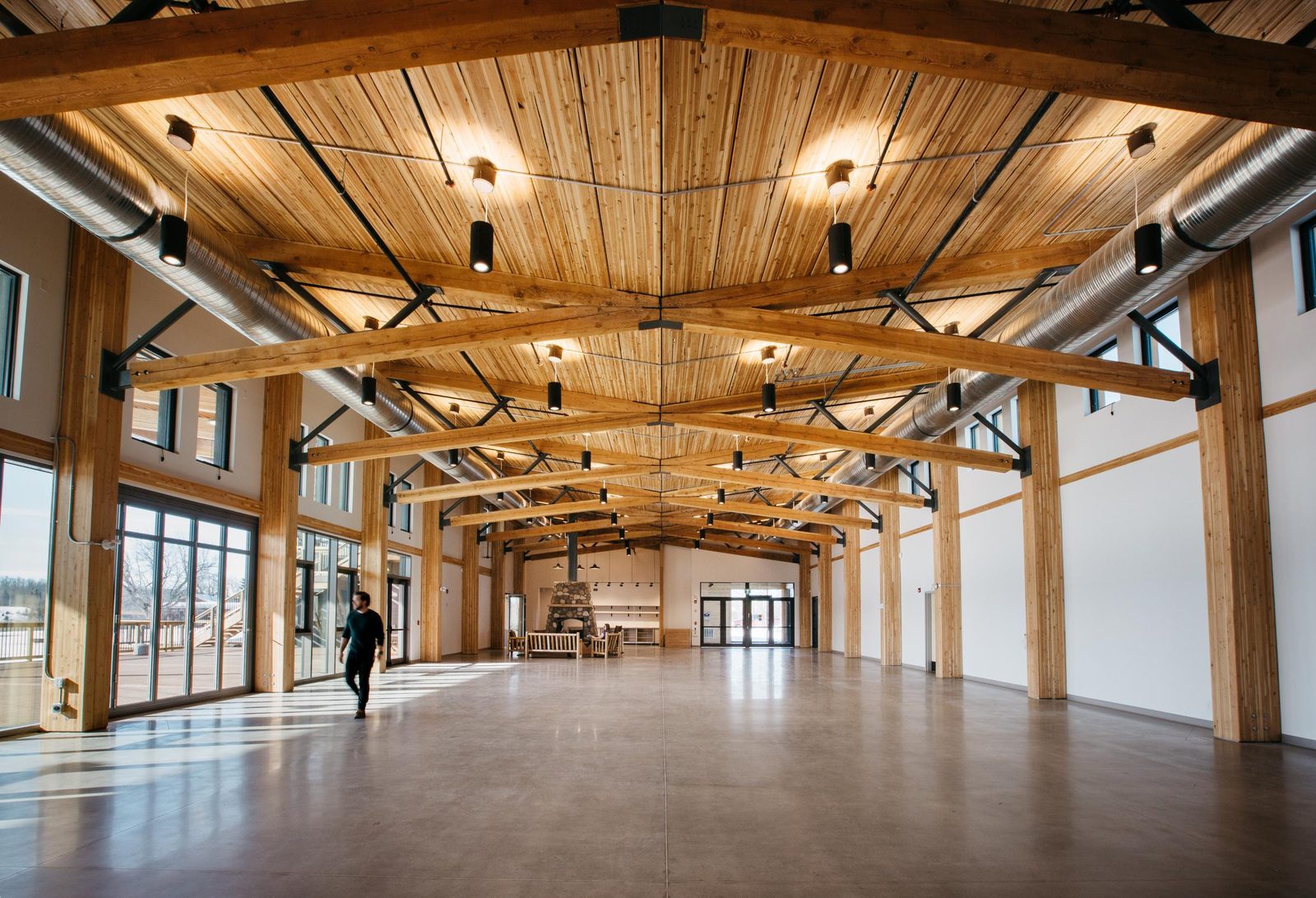 Heavy timber interior of the Métis Crossing Cultural Gathering Centre