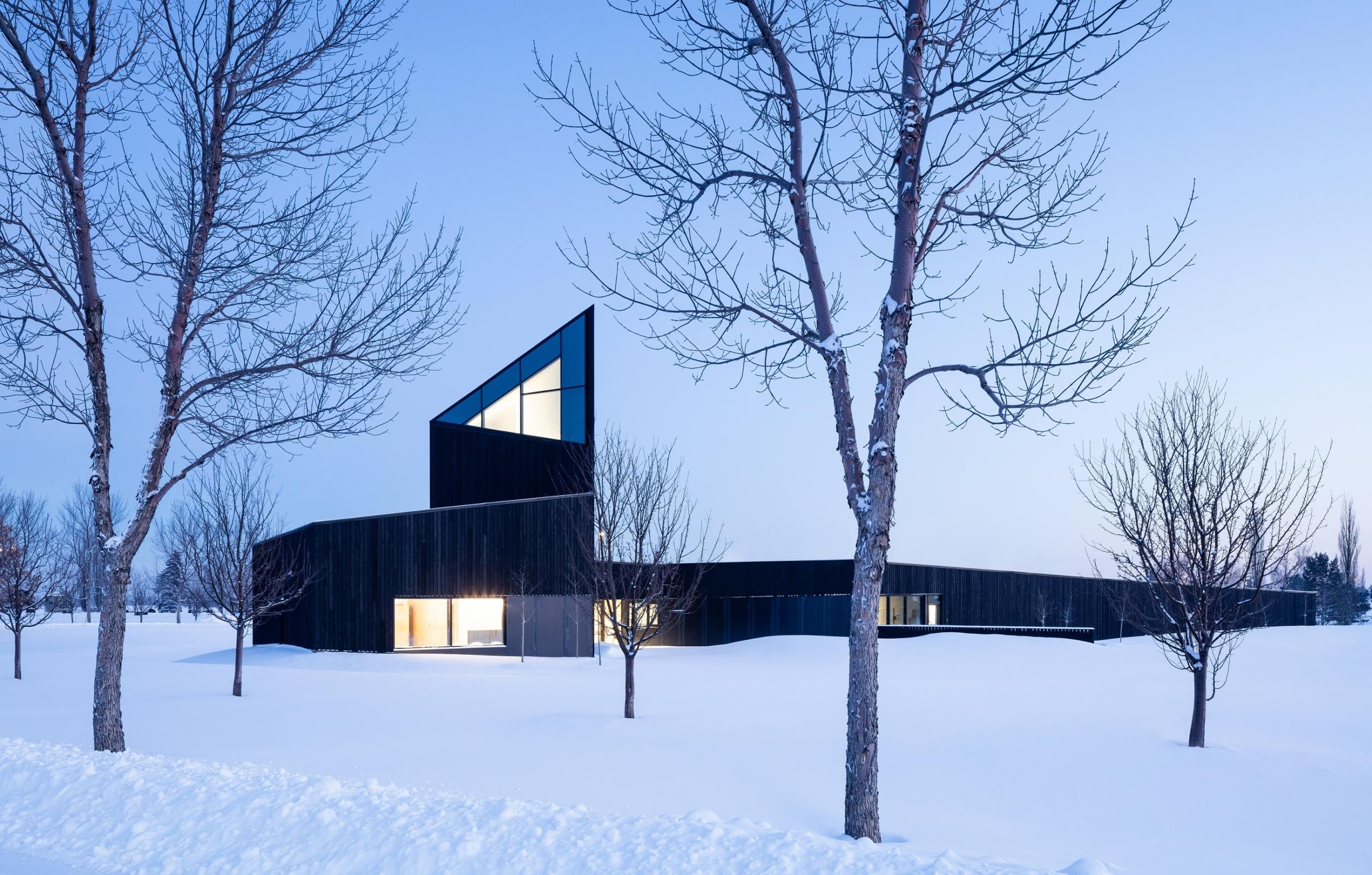 South Haven Centre for Remembrance in winter, its charred-timber tower rising from the prairie