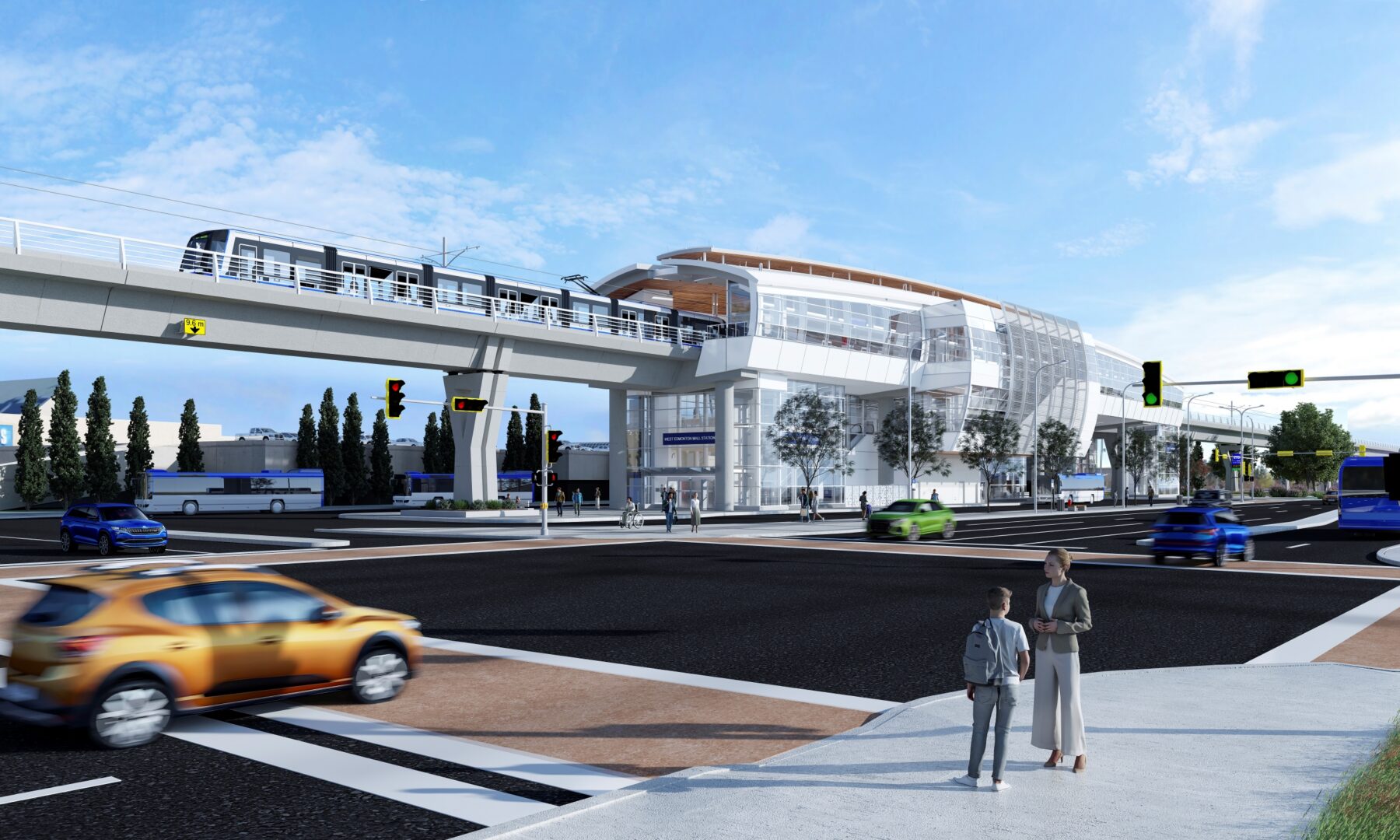 Rendering of an elevated mass timber station on the Edmonton Valley Line West LRT